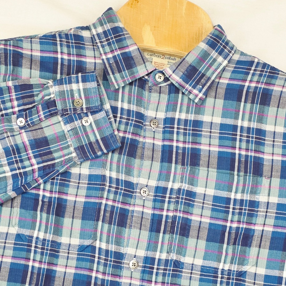 Carbon2Cobalt Button Up Shirt Mens Medium Blue Plaid Long Sleeve Cotton Pocket